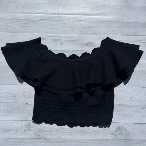 Endless Rose Tops - Endless Rose Black Ruffle Off the Shoulder Eyelet Crop Top with Scalloped Edge S